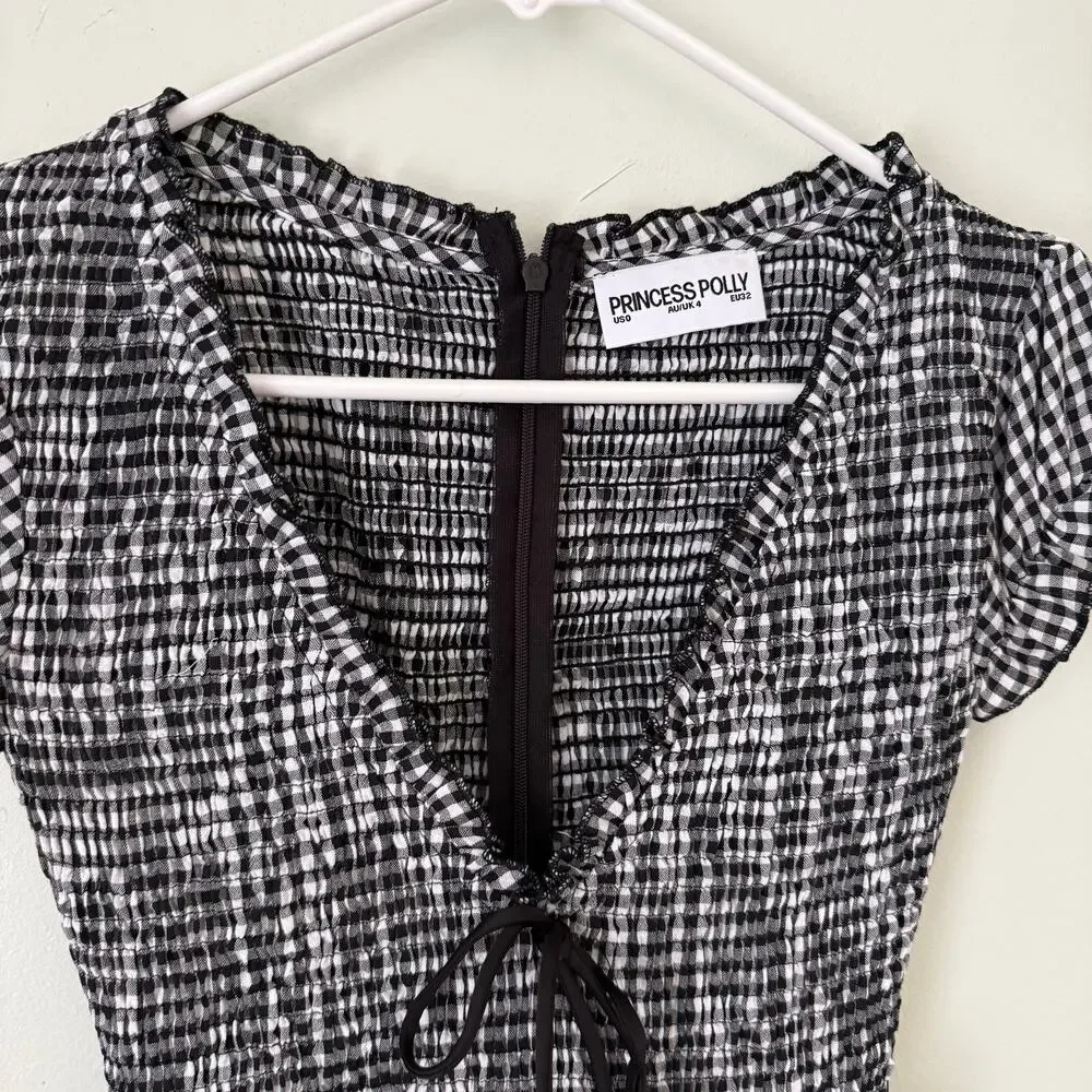Princess Polly | Black/White Gingham Wescott Gingham Bow Tie Neck Romper Gameday